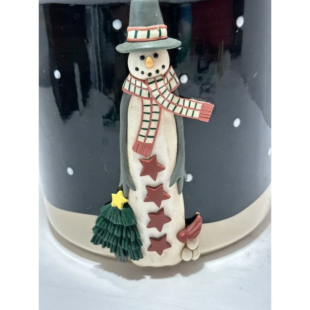 Happy Holidays Snowman Ceramic Canister Navy‎ Blue Christmas Cookie Jar 8.5in